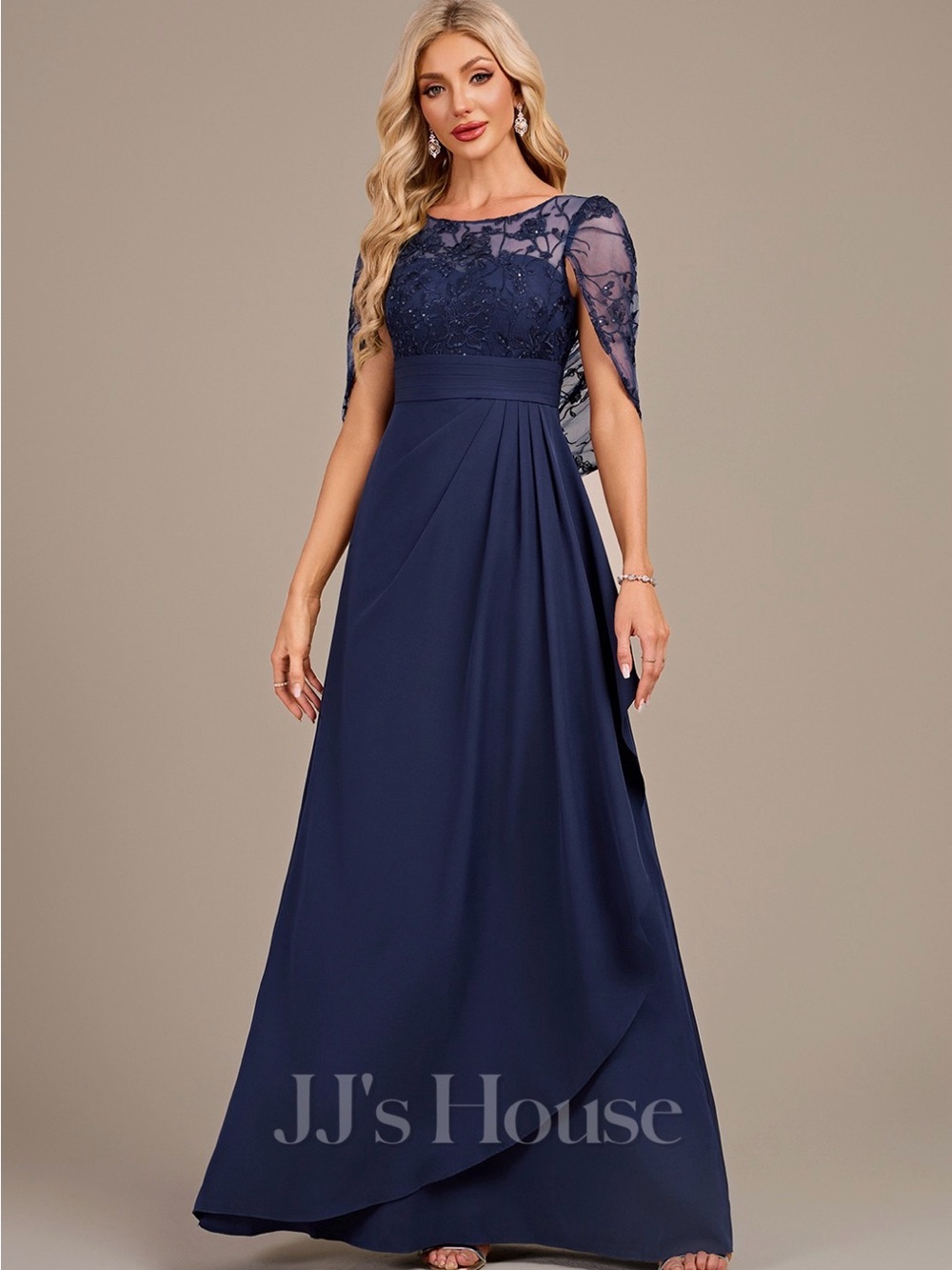 JJs House Navy Lace Cape-Sleeve Maxi Dress